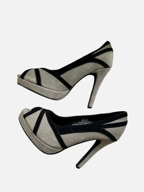 New Marco Santi Suede leather platform heels peephole in gray and black Size 8